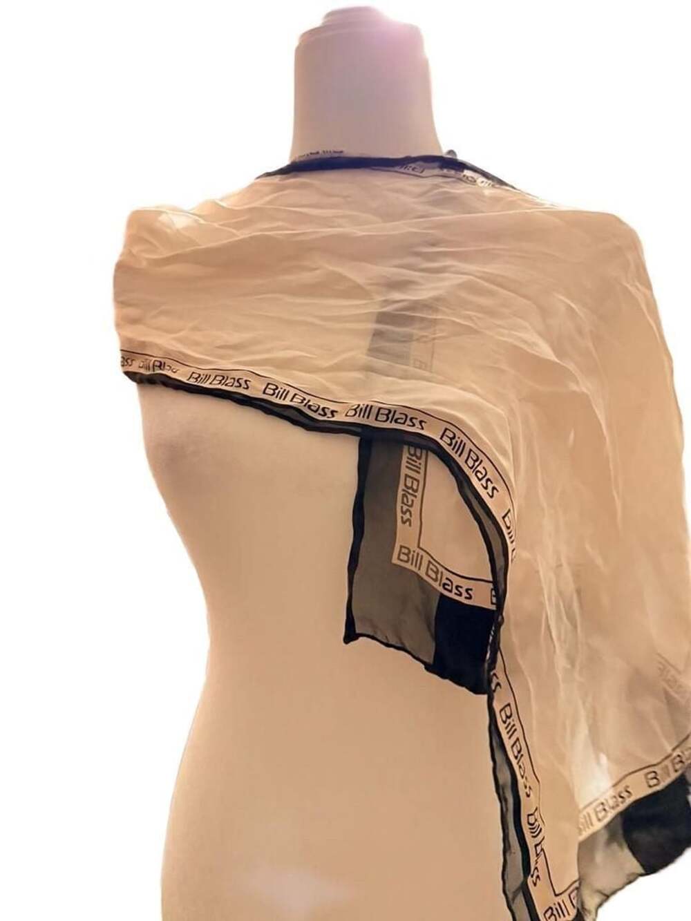 Bill Blass Silk Scarf Off White Black Tan Logo Border Scarf